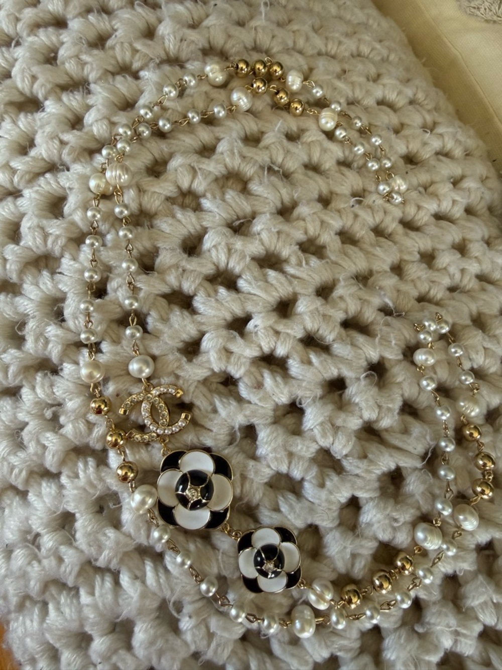 Designer Inspired Gold-Tone Pearl Camellia Long Necklace